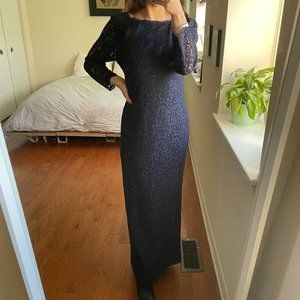 Adrianna Papell Lace Long Sleeve Formal Maxi Dress Navy Size 12